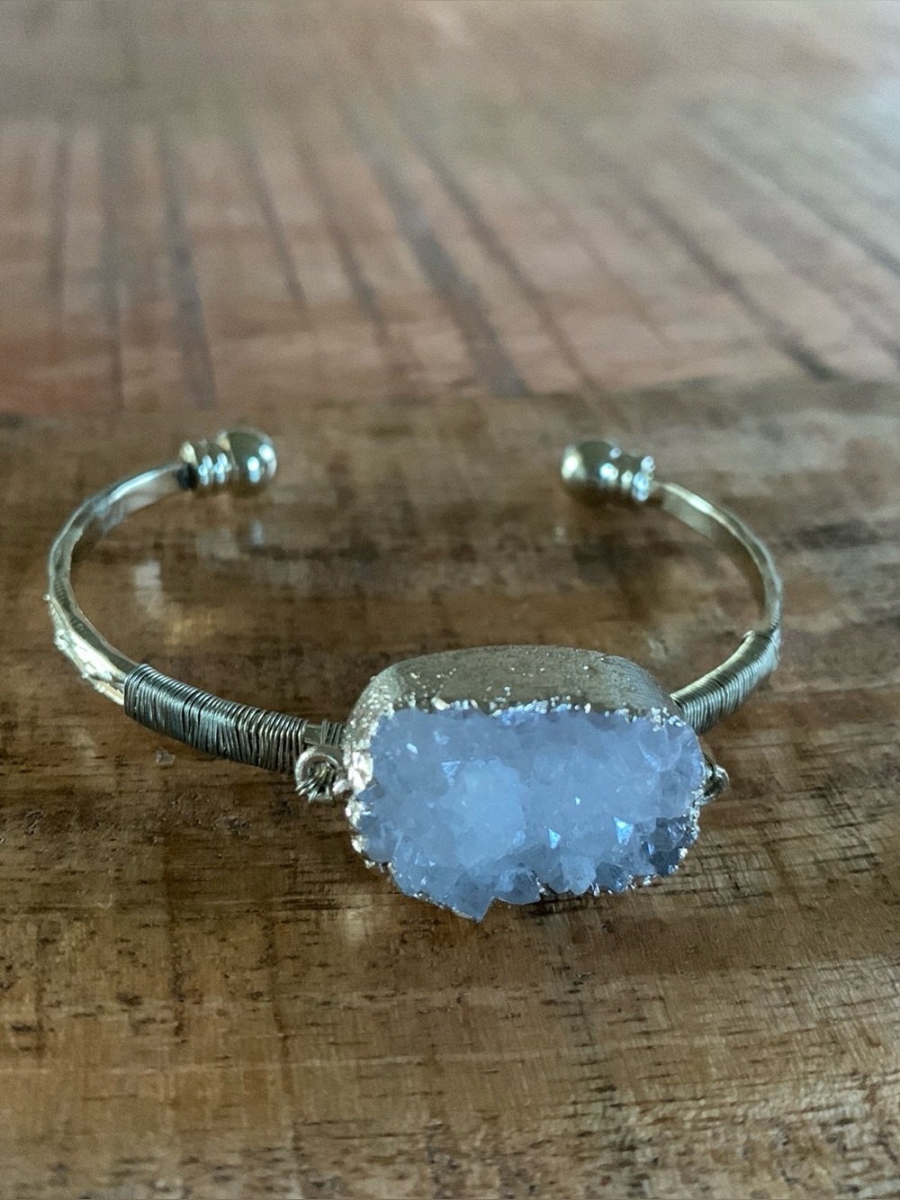 Gold Wire Wrapped Druzy Quartz Cuff Bracelet